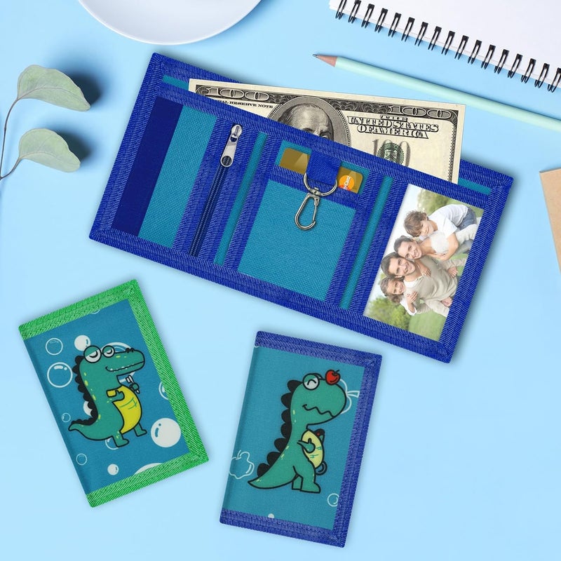 Sundee 3 Packs Kids Wallet Bulk, Mini Trifold Coin Purse Cartoon Wallet, RFID Blocking Wallet, Front Pocket Wallet with Zipper for Kids, Canvas Outdoor Sports Wallets with Magic Sticker - Dinosaur 4 - Image 2